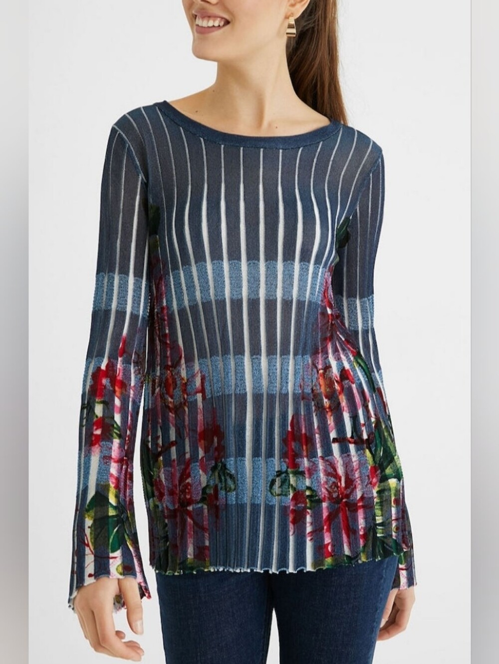 Desigual Mackay Pleated Floral Sweater Eclectic Blue XL